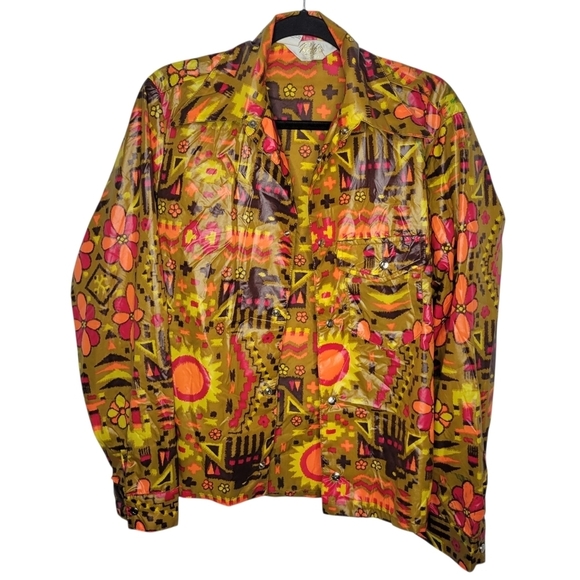 Roffe Tops - Vintage 70s Neon Psychedelic Print Nylon Long Sleeve Button Down Shirt Size Smal